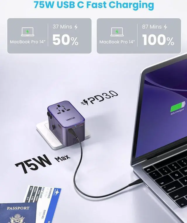 Alt view image 2 of 6 - Universal Travel Adapter, VINTAR 75W GaN International Power Adapter with 3 USB C PD and 2 USB A QC, All in One Travel Essentials for UK/EU/USA/AUS, Travel Adapter Worldwide for Laptops Phones, Purple