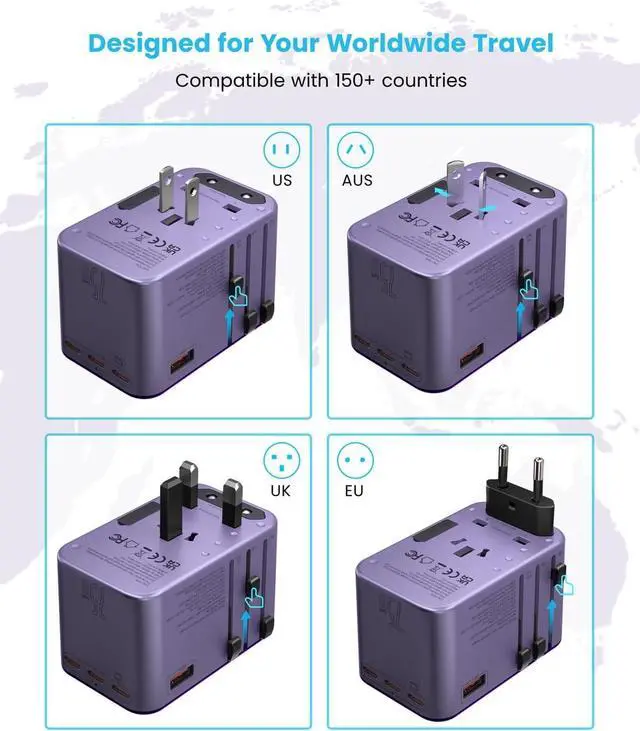 Alt view image 3 of 6 - Universal Travel Adapter, VINTAR 75W GaN International Power Adapter with 3 USB C PD and 2 USB A QC, All in One Travel Essentials for UK/EU/USA/AUS, Travel Adapter Worldwide for Laptops Phones, Purple