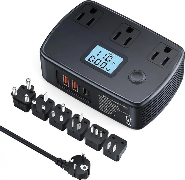 Main image of Power Converter Adapter Combo 220v to 110v, Universal Travel Adapter with 3 AC Outlets + 2 QC3.0 + 1 PD30W + LCD Display, 250W Voltage Converter for EU/UK/AU/Italy/Asia/South Africa
