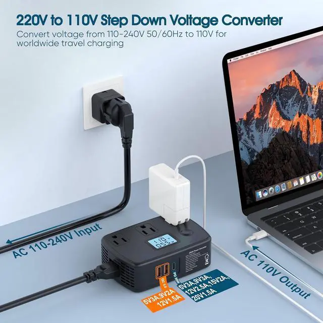 Alt view image 2 of 7 - Power Converter Adapter Combo 220v to 110v, Universal Travel Adapter with 3 AC Outlets + 2 QC3.0 + 1 PD30W + LCD Display, 250W Voltage Converter for EU/UK/AU/Italy/Asia/South Africa