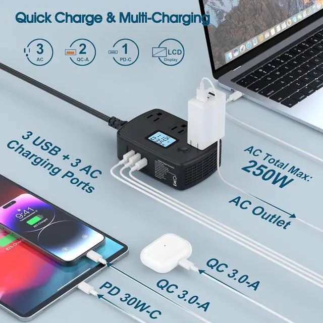 Alt view image 4 of 7 - Power Converter Adapter Combo 220v to 110v, Universal Travel Adapter with 3 AC Outlets + 2 QC3.0 + 1 PD30W + LCD Display, 250W Voltage Converter for EU/UK/AU/Italy/Asia/South Africa