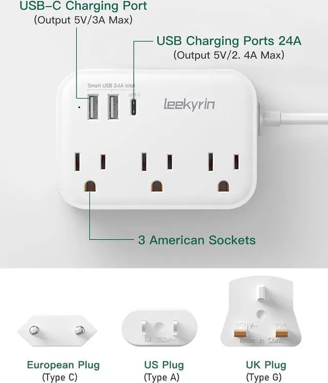 Alt view image 7 of 7 - European Travel Plug Adapter, US to UK Europe Power Strip for EU/UK/US with USB C, 3 USB Ports 3 AC Outlets, 3ft Extension Cord, International Travel Power Strip, Type C for Europe EU Germany France