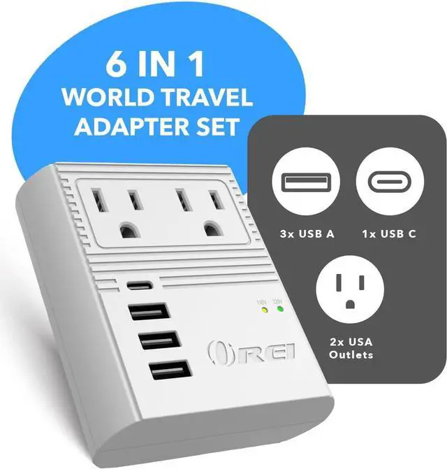 Alt view image 2 of 7 - OREI World Travel Plug Adapter M8 Max, 3 USB + Pd 18W USB-C Input - 2 USA Outlets - Attachments for Europe, Asia, China, Japan, Africa - Perfect for Cell Phones, Tablets, Cameras and More