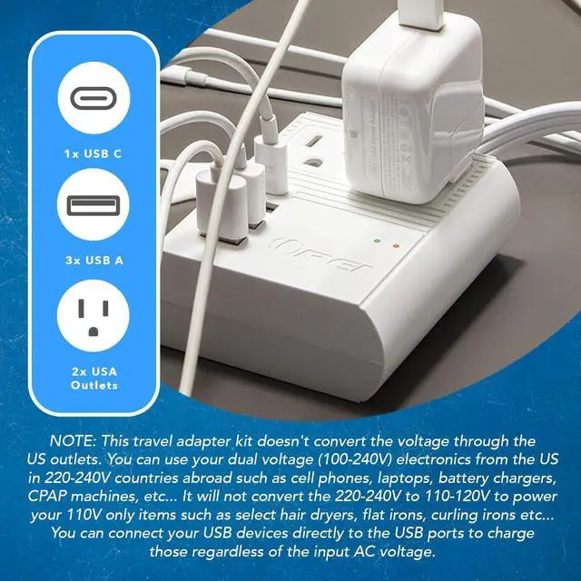 Alt view image 7 of 7 - OREI World Travel Plug Adapter M8 Max, 3 USB + Pd 18W USB-C Input - 2 USA Outlets - Attachments for Europe, Asia, China, Japan, Africa - Perfect for Cell Phones, Tablets, Cameras and More