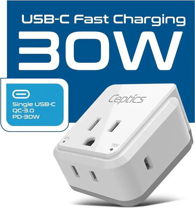 Alt view image 2 of 7 - Ceptics World Travel Plug Adapter Set, Safe USB-C 3.0-2 USA Socket,30W PD & QC - Compact & Powerful - Use in Europe Includes Type A, B, C, E/F, G, I SWadAPt Attachments (PAK-30-WS)