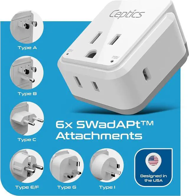 Alt view image 4 of 7 - Ceptics World Travel Plug Adapter Set, Safe USB-C 3.0-2 USA Socket,30W PD & QC - Compact & Powerful - Use in Europe Includes Type A, B, C, E/F, G, I SWadAPt Attachments (PAK-30-WS)