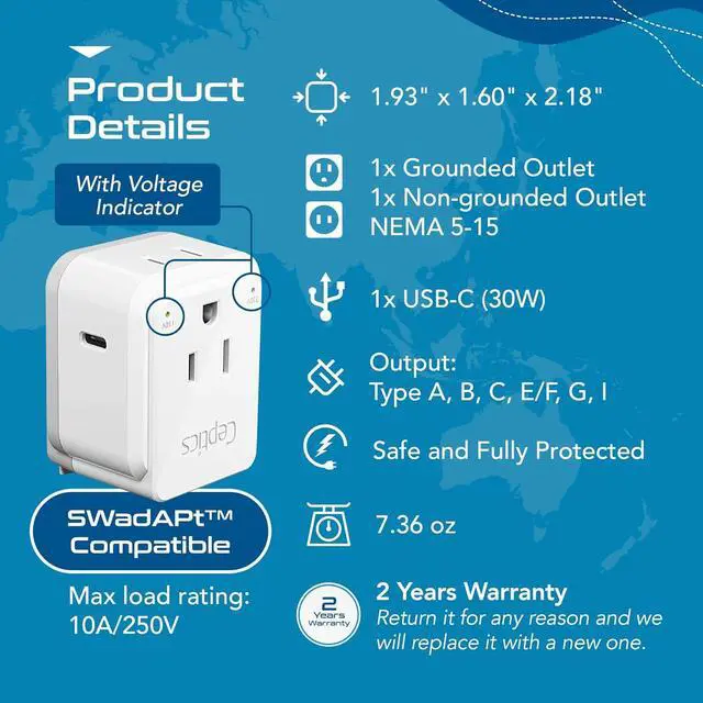 Alt view image 5 of 7 - Ceptics World Travel Plug Adapter Set, Safe USB-C 3.0-2 USA Socket,30W PD & QC - Compact & Powerful - Use in Europe Includes Type A, B, C, E/F, G, I SWadAPt Attachments (PAK-30-WS)