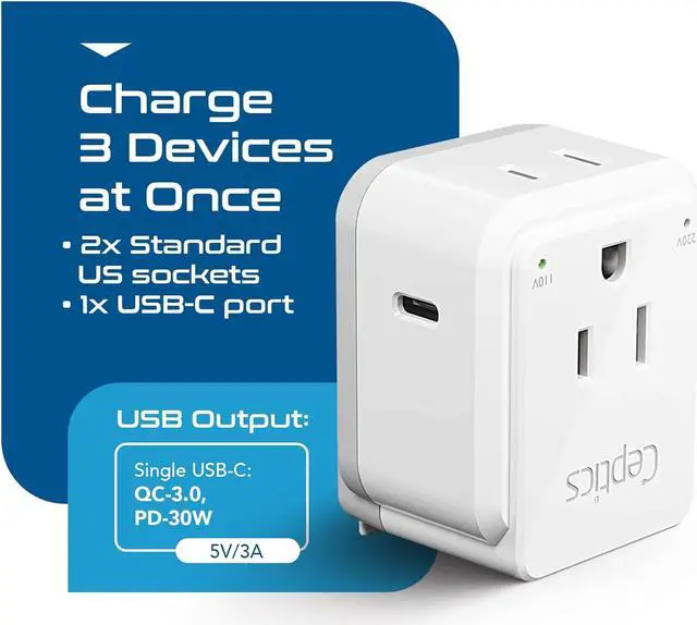 Alt view image 7 of 7 - Ceptics World Travel Plug Adapter Set, Safe USB-C 3.0-2 USA Socket,30W PD & QC - Compact & Powerful - Use in Europe Includes Type A, B, C, E/F, G, I SWadAPt Attachments (PAK-30-WS)