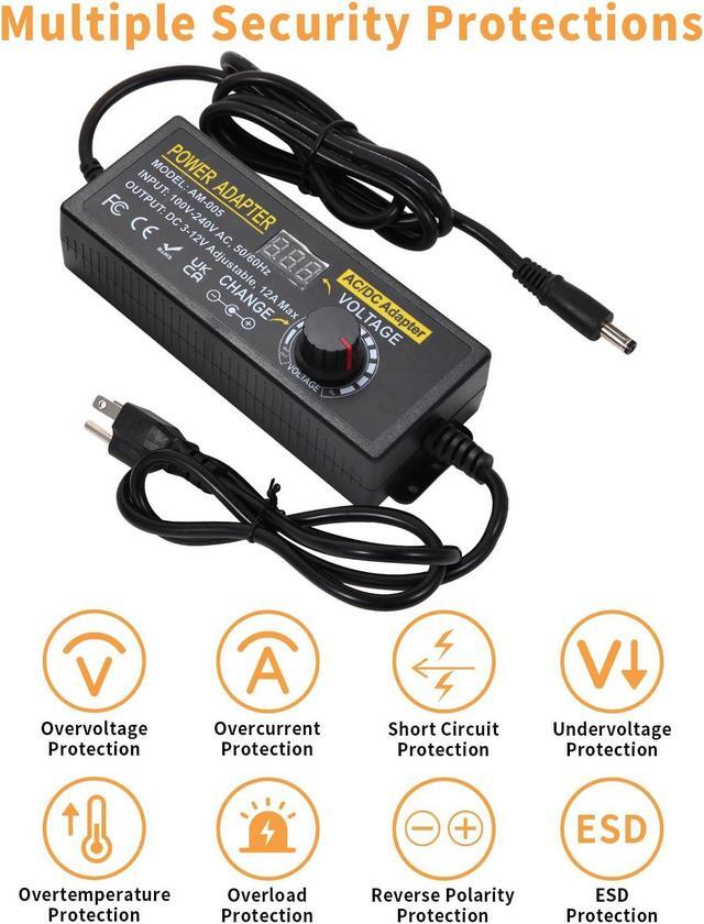 Alt view image 5 of 7 - 3~12V 12A 144W Adjustable Universal Power Supply Adapter, 3V 4V 5V 6V 7V 8V 9V 10V 11V 12V Variable DC Power Supply with Voltage Display 100V-240V 50-60Hz AC to DC Converter for LED Strip Light Router