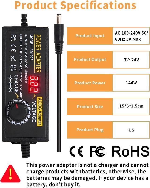 Alt view image 7 of 7 - 3~12V 12A 144W Adjustable Universal Power Supply Adapter, 3V 4V 5V 6V 7V 8V 9V 10V 11V 12V Variable DC Power Supply with Voltage Display 100V-240V 50-60Hz AC to DC Converter for LED Strip Light Router