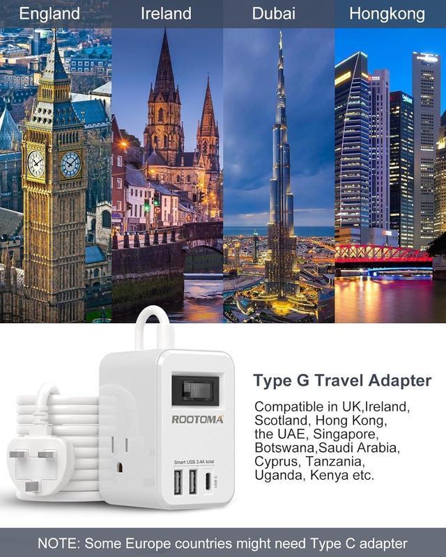 Alt view image 2 of 6 - UK Ireland Scotland Travel Plug Adapter, US to UK Plug Adapter with 3 Outlets 3 USB Ports (1 USB C Port), Type G Travel Adapter for USA to British England Scotland Irish London, Cube, White