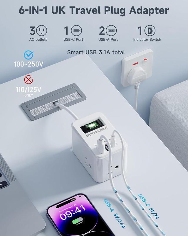 Alt view image 3 of 6 - UK Ireland Scotland Travel Plug Adapter, US to UK Plug Adapter with 3 Outlets 3 USB Ports (1 USB C Port), Type G Travel Adapter for USA to British England Scotland Irish London, Cube, White