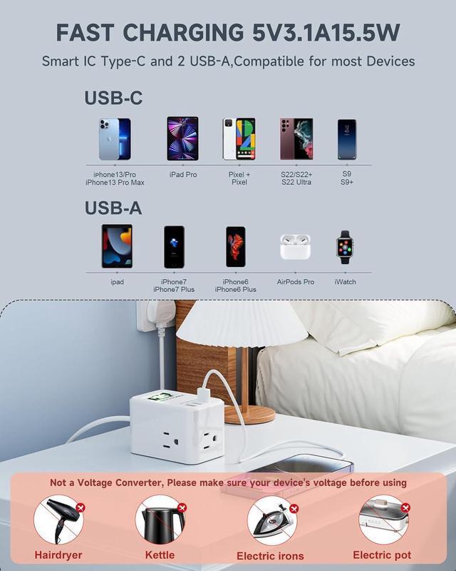 Alt view image 4 of 6 - UK Ireland Scotland Travel Plug Adapter, US to UK Plug Adapter with 3 Outlets 3 USB Ports (1 USB C Port), Type G Travel Adapter for USA to British England Scotland Irish London, Cube, White