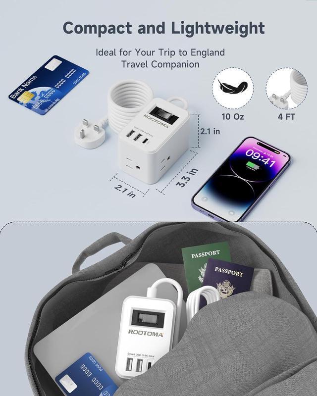 Alt view image 5 of 6 - UK Ireland Scotland Travel Plug Adapter, US to UK Plug Adapter with 3 Outlets 3 USB Ports (1 USB C Port), Type G Travel Adapter for USA to British England Scotland Irish London, Cube, White
