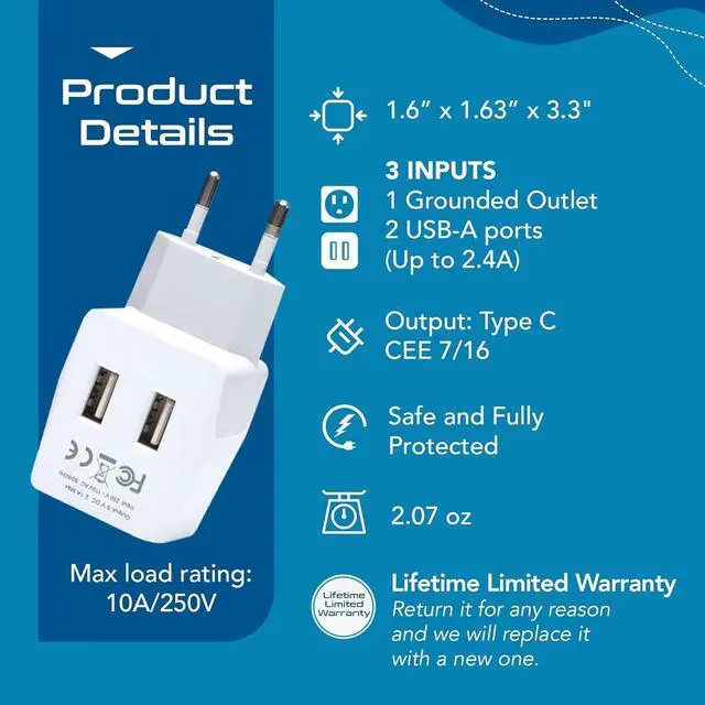 Alt view image 3 of 7 - Ceptics Italy, Europe Travel Adapter Plug Set - 2 Pack - with 2 USB + USA Socket Input - Type L and Type C - Ultra Compact - Safe Grounded Perfect for Cell Phones, Laptops, Camera Chargers