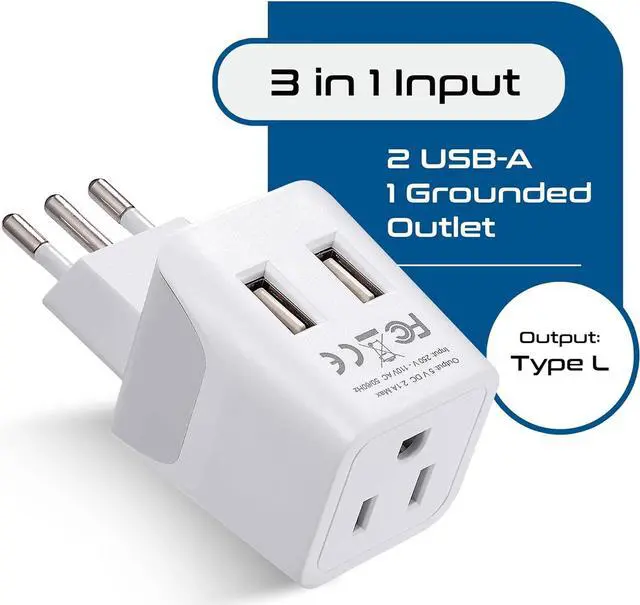 Alt view image 4 of 7 - Ceptics Italy, Europe Travel Adapter Plug Set - 2 Pack - with 2 USB + USA Socket Input - Type L and Type C - Ultra Compact - Safe Grounded Perfect for Cell Phones, Laptops, Camera Chargers