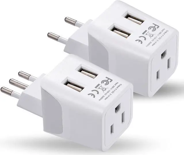Main image of Ceptics Italy, Europe Travel Adapter Plug Set - 2 Pack - with 2 USB + USA Socket Input - Type L and Type C - Ultra Compact - Safe Grounded Perfect for Cell Phones, Laptops, Camera Chargers