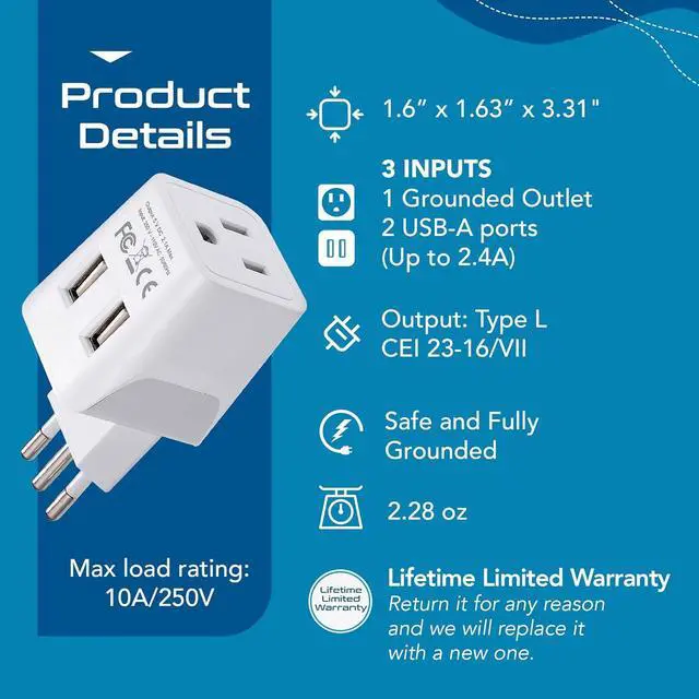 Alt view image 5 of 7 - Ceptics Italy, Europe Travel Adapter Plug Set - 2 Pack - with 2 USB + USA Socket Input - Type L and Type C - Ultra Compact - Safe Grounded Perfect for Cell Phones, Laptops, Camera Chargers