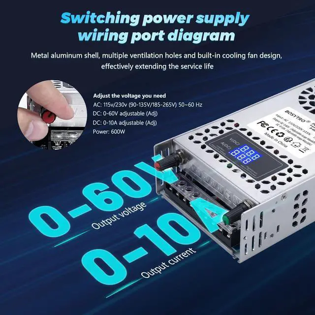 Alt view image 4 of 7 - 60V Adjustable dc Power Supply 600W,Switching Power Supply AC 110V/220V to DC 0-60V DC Converter with LED Digital Display, 5V 12V 24V 48V Buck Converter for 3D Printer,CCTV,Dimmable LEDs