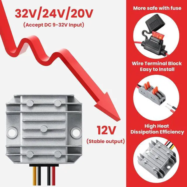 Alt view image 2 of 7 - DC/DC 9-32V to 12V 5A MAX, 12V Voltage stabilized Converter Regulator with Quick Connection Cable, DC to DC Adapter Stabilizer