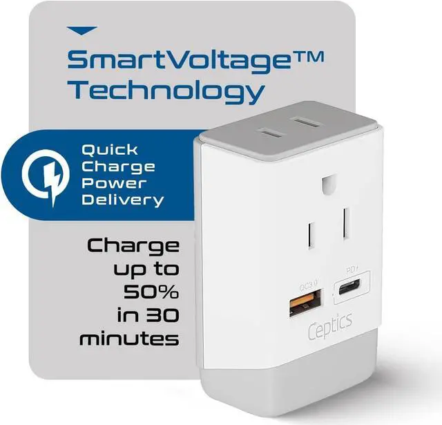Alt view image 3 of 7 - Ceptics US to India Plug Adapter, Type D Plug Adapter QC 3.0 & PD, Safe Dual USB & USB-C 18W, India Plug Adapter Fast Charging - Powerful 2 USA Sockets - Use in Pakistan Nepal Sri Lanka - AP-10