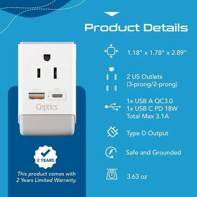 Alt view image 4 of 7 - Ceptics US to India Plug Adapter, Type D Plug Adapter QC 3.0 & PD, Safe Dual USB & USB-C 18W, India Plug Adapter Fast Charging - Powerful 2 USA Sockets - Use in Pakistan Nepal Sri Lanka - AP-10