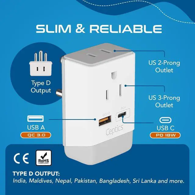 Alt view image 5 of 7 - Ceptics US to India Plug Adapter, Type D Plug Adapter QC 3.0 & PD, Safe Dual USB & USB-C 18W, India Plug Adapter Fast Charging - Powerful 2 USA Sockets - Use in Pakistan Nepal Sri Lanka - AP-10