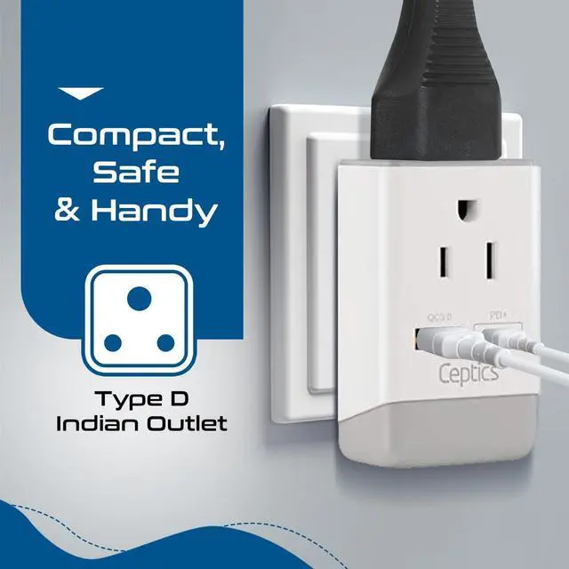 Alt view image 6 of 7 - Ceptics US to India Plug Adapter, Type D Plug Adapter QC 3.0 & PD, Safe Dual USB & USB-C 18W, India Plug Adapter Fast Charging - Powerful 2 USA Sockets - Use in Pakistan Nepal Sri Lanka - AP-10