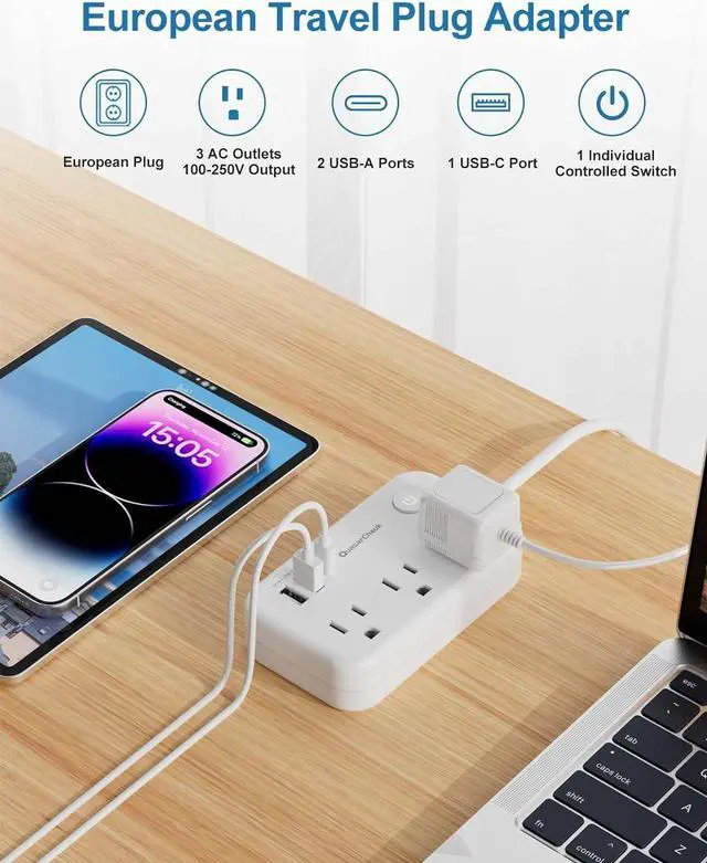 Alt view image 3 of 7 - Type E F Plug Adapter, Germany France Travel Plug Adapter with 3 Outlets 3 USB PortsSchuko Plug Power Adaptor for US to Europe EU Spain Iceland Korea Greece Norway Russia German French, 4ft