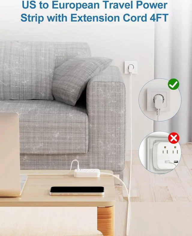 Alt view image 5 of 7 - Type E F Plug Adapter, Germany France Travel Plug Adapter with 3 Outlets 3 USB PortsSchuko Plug Power Adaptor for US to Europe EU Spain Iceland Korea Greece Norway Russia German French, 4ft
