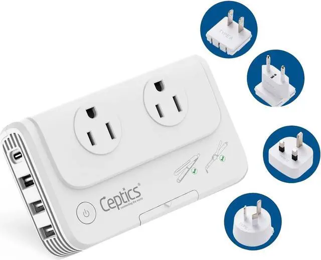Main image of Ceptics 200 W Voltage Converter, Convert 220 V to 110V for Devices Like Curling Iron, Straightener, Chargers, Step Down World Power Plug - 4 USB PD 18W Fast Charging - EU/AU/UK/US Included