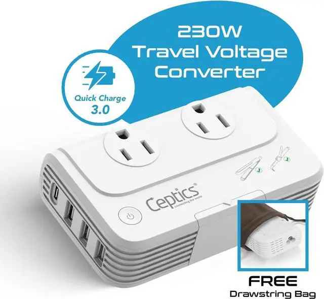 Alt view image 3 of 7 - Ceptics 200 W Voltage Converter, Convert 220 V to 110V for Devices Like Curling Iron, Straightener, Chargers, Step Down World Power Plug - 4 USB PD 18W Fast Charging - EU/AU/UK/US Included