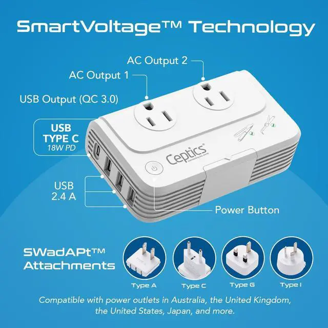 Alt view image 7 of 7 - Ceptics 200 W Voltage Converter, Convert 220 V to 110V for Devices Like Curling Iron, Straightener, Chargers, Step Down World Power Plug - 4 USB PD 18W Fast Charging - EU/AU/UK/US Included