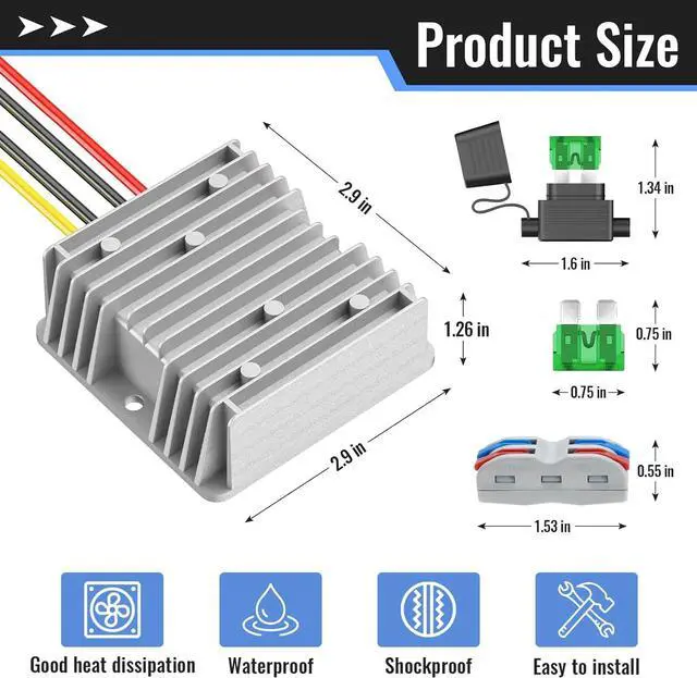 Alt view image 2 of 6 - 12V 20A 240W Step Down Converter, DC 17-55V to DC 12V Voltage Reducer, Voltage Regulator Transformer with Fuses Holder, Wire Terminals for Golf Cart Club Car Truck Vehicle, 14AWG Wire
