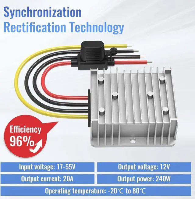 Alt view image 4 of 6 - 12V 20A 240W Step Down Converter, DC 17-55V to DC 12V Voltage Reducer, Voltage Regulator Transformer with Fuses Holder, Wire Terminals for Golf Cart Club Car Truck Vehicle, 14AWG Wire