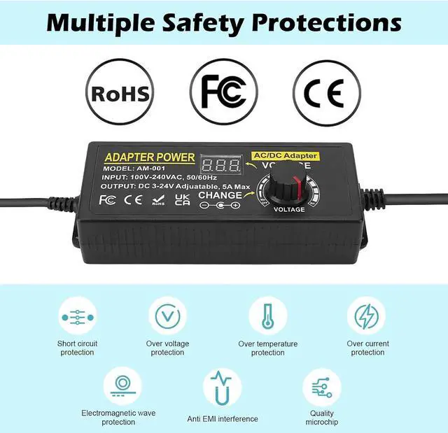 Alt view image 3 of 7 - Adjustable Power Adapter, Towisituati Universal 3V ~ 24V Power Supply 5A 120W AC/DC Adapter Variable Power Supply AC 100V-240V Universal DC Power Supply Adapter Converter Transformer