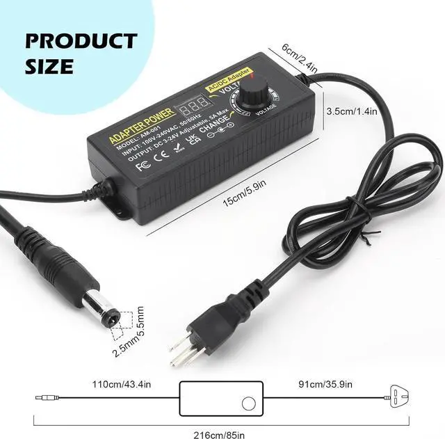 Alt view image 5 of 7 - Adjustable Power Adapter, Towisituati Universal 3V ~ 24V Power Supply 5A 120W AC/DC Adapter Variable Power Supply AC 100V-240V Universal DC Power Supply Adapter Converter Transformer