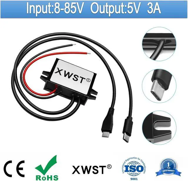 Alt view image 2 of 7 - DC DC 8-85V to 5V USB converter 12V 24V 36V 48V 60V 72V to 5V 3A 15W with Type C and USB output power Adapter converter Voltage Buck Regulator,Step-down Module,Waterproof Transformer