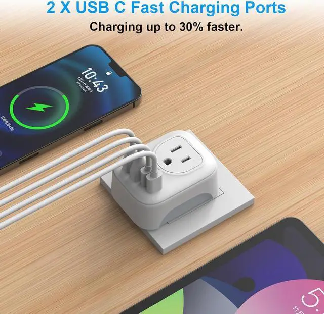 Alt view image 3 of 7 - 2 Pack European Travel Plug Adapter, VYLEE International Travel Adapter with 2 Outlets 4 USB Ports(2 USB C), 6 in 1 Type C Travel Essentials Charger for US to Most of Europe EU Italy Spain France