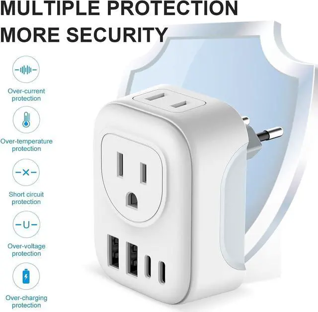 Alt view image 5 of 7 - 2 Pack European Travel Plug Adapter, VYLEE International Travel Adapter with 2 Outlets 4 USB Ports(2 USB C), 6 in 1 Type C Travel Essentials Charger for US to Most of Europe EU Italy Spain France