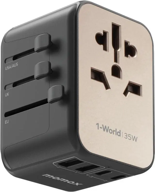 Main image of MOMAX Universal Travel Adapter, PD 35W Fast Charge International Power Adapter, 3 USB C & 2 USB A, Worldwide Travel Plug Adapter, International Power Adapter for Europe, USA, Japan, Aus(Type C/A/G/I)
