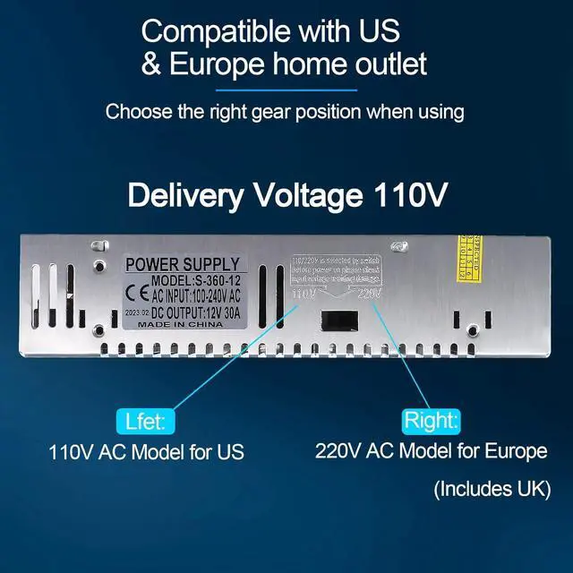 Alt view image 3 of 6 - 12V 30A Power Supply Transformer Adapter 360W AC to DC Adapter 12 Volt 30 Amp Switching Power Supply Converter Transformer LED Driver 110V 240V AC for LED Strip Light 3D Printer LCD Monitor