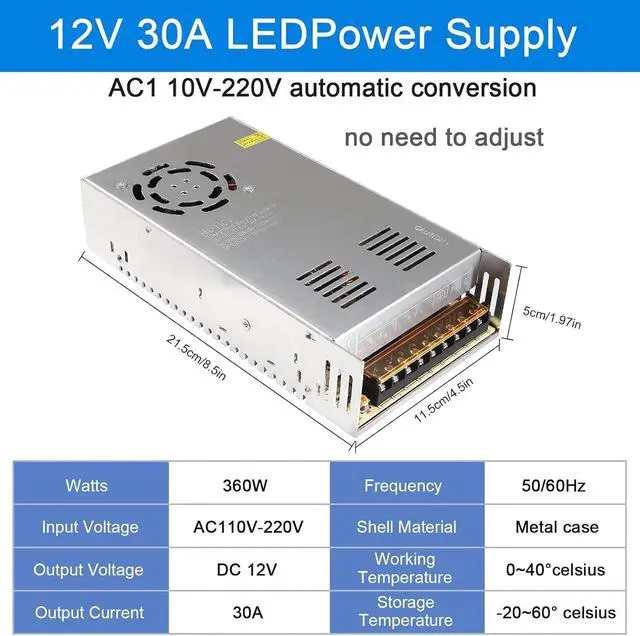 Alt view image 6 of 6 - 12V 30A Power Supply Transformer Adapter 360W AC to DC Adapter 12 Volt 30 Amp Switching Power Supply Converter Transformer LED Driver 110V 240V AC for LED Strip Light 3D Printer LCD Monitor