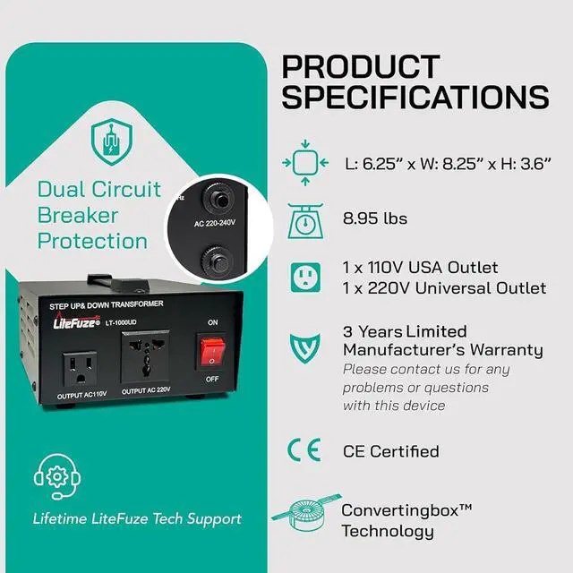 Alt view image 5 of 7 - 1000 Watt Voltage Converter Transformer Step Up/Down - 110v to 220v / 220v to 110v Power Converter - Fully USA Grounded Cord - Universal Outlet Socket, 2x US Outlets - CE Certified