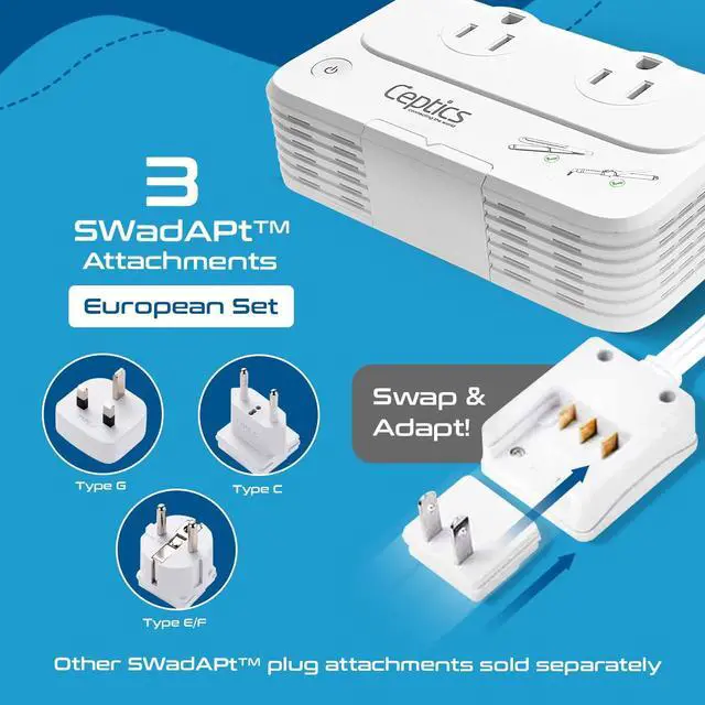 Alt view image 6 of 7 - Ceptics European Travel Voltage Converter, 200W Adapter for Curling Iron, Straightener, Charger, Step Down World Power Plug - 4 USB PD 18W Fast Charging - SWadApt Compatible - Type C, E/F, G Included
