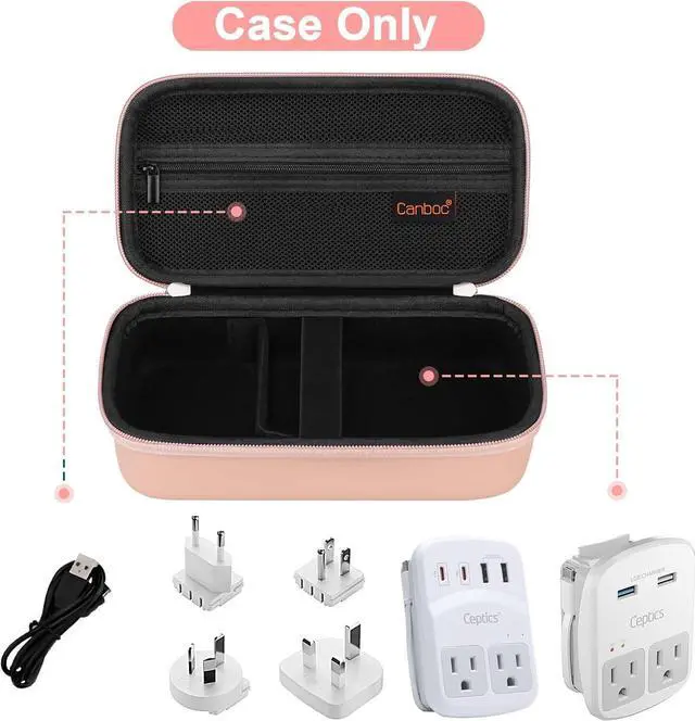 Alt view image 2 of 7 - Canboc Travel Carrying Case for Ceptics Universal Travel Adapter Kit, World Travel Adapter Kit Storage Organizer, Zipper Mesh Bag fit USB Cable, Rose Gold (Case Only)