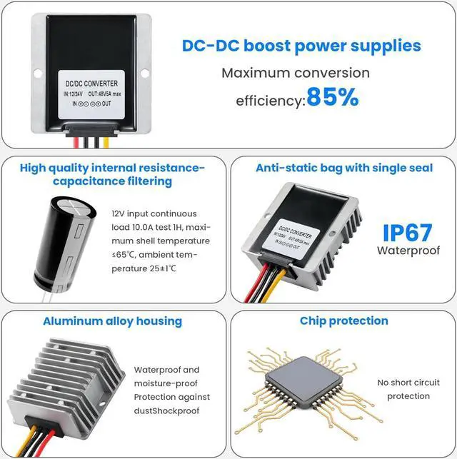 Alt view image 4 of 7 - DC 12V Boost to 48V 5A Converter, 12V to 48V DC/DC Step-up Controller with Terminal Block, Waterproof Transformer for Automotive