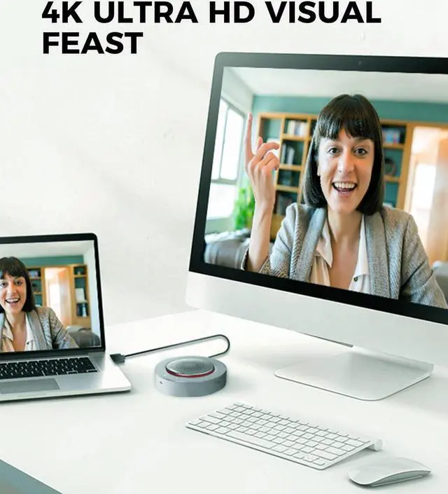 Alt view image 3 of 7 - WYRESTORM Halo 90 Conference Speaker with USB-C Multi-Port Adapter Docking Supply Power to PC, 4 Noise-canceling Mics, Enhanced 360° Voice Pickup, 4K@60Hz Video Resolution, AGC Voice Balance