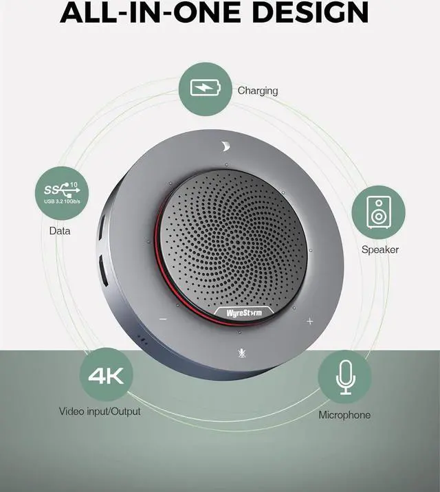 Alt view image 2 of 7 - WYRESTORM Halo 90 Conference Speaker with USB-C Multi-Port Adapter Docking Supply Power to PC, 4 Noise-canceling Mics, Enhanced 360° Voice Pickup, 4K@60Hz Video Resolution, AGC Voice Balance