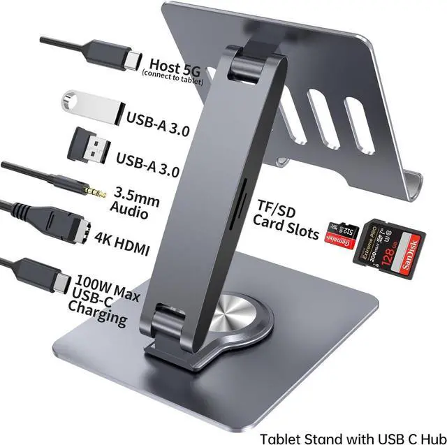 Alt view image 2 of 7 - HC Universal Docking Station for iPad Mini Air Pro Galaxy Tab iPhone Adjustable 7-in-1 USB Hub 360°Rotatable iPad Stand with USB C Hub 12.9 inch 4K HDMI USB 3.0 PD 100W 3.5mm Audio SD/TF Card Reader